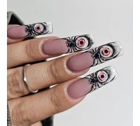 Uñas postizas espeluznantes para disfraz de Halloween, con diseño de tela de araña extendida, diseño de telaraña, uñas reciclables de dibujos animados, diseño extendido, motivos de telaraña y ojos