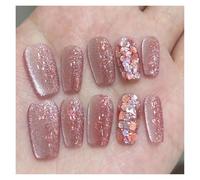 Uñas Postizas Fake Nails Square Head Cat's Eye French Nail Glitter Powder Press on Nails Waterproof Faux Fingernails Christmas False Nails(Color29)
