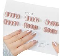 Uñas postizas francesas con diseño de ojo de gato, uñas postizas de cobertura completa, champán, manicura a presión