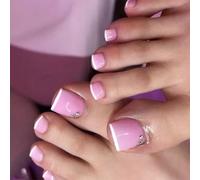 Uñas postizas francesas con purpurina blanca a presión en los dedos de los pies, uñas de salón para uso diario