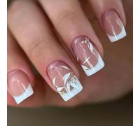 Uñas postizas francesas únicas con detalle de hoja dorada, 24 piezas cuadradas cortas a presión para una fácil aplicación, uñas acrílicas cuadradas cortas