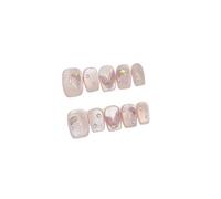 Uñas postizas french cortas cuadradas, set lazo perla 10 pcs | Uñas ABS hechas a mano de cobertura total con detalles cat eye, flor y cristal(3 Size XS)