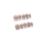 Uñas postizas french cortas cuadradas, set lazo perla 10 pcs | Uñas ABS hechas a mano de cobertura total con detalles cat eye, flor y cristal(6 Size L)