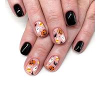 Uñas postizas góticas de Halloween - 24 uñas postizas cuadradas cortas con pegamento - Diseño de calabaza, fantasma y murciélago con cobertura completa de acrílico - Uñas adhesivas for mujer