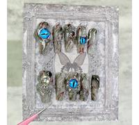 Uñas postizas hechas a mano, estilo ataúd, largas con purpurina negra con mal de ojo, cruz, reutilizables, para Navidad, día de San Valentín, boda, uso diario