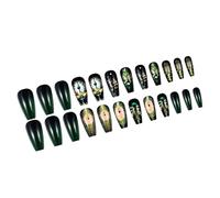 Uñas postizas largas a presión con forma de ataúd, color verde y negro, cuadradas, de cobertura completa, con impresión de reloj vintage, 24 piezas de uñas vintage