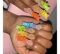 Uñas postizas largas cuadradas a presión con corazón 3D y oso, punta francesa, para celebrar el día de San Valentín