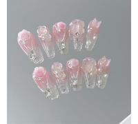 Uñas postizas largas hechas a mano, estilo ataúd, camelia, decoración de uñas de hielo a través de gradiente para mujeres y niñas, 10 unidades (A709-M)