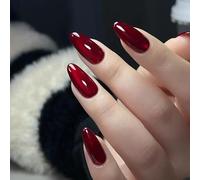 Uñas postizas largas MouyouGlow,Almendra Rojo Oscuro Burdeos Monocolor Cat Eye Magnetic Ojos de Gato Press on Nails con pegamento, Dark Wine Red Phototherapy Fake Nails para mujeres y niñas