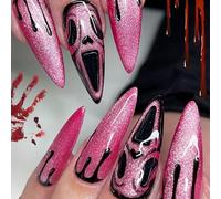 Uñas postizas largas MouyouGlow,Stiletto Halloween Rosa Scream Ghostface Blood Skull Vampire Cráneo Horror Creepy Cat Eye Magnetic Press on Nails con pegamento, Pink Scary Fake Nails