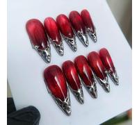 Uñas postizas largas MouyouGlow, Stiletto Rosso Burgundy 3D Irregular Metal Plata French Striped Cat Eye Magnetic Design Press on Nails,Wine Red Silver Irregular Twill Fake Nails