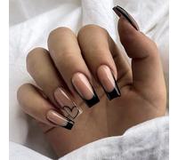 Uñas postizas largas y brillantes de color sólido, con puntas francesas y pegamento for mujeres y niñas.(French Black Edge Heart)