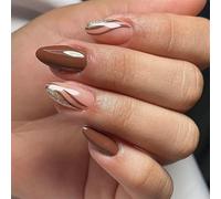 Uñas postizas multiestilo marrón café con patrones de líneas abstractas, fácil aplicación, uñas artificiales reutilizables, 24 unidades, uñas postizas a presión, color café con purpurina