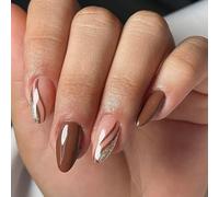 Uñas postizas multiestilo marrón café con patrones de líneas abstractas, fácil aplicación, uñas artificiales reutilizables, 24 unidades, uñas postizas a presión, color café con purpurina