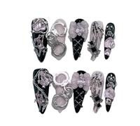 Uñas Postizas Negro rojo punta larga hecha a mano prensa en las uñas Cruz Araña Amor Diamante Arco falso Cool Dark Nail Art(Color-2-XS)