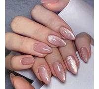Uñas Postizas Ojo de Gato 24 Uds - Esmalte Semipermanente Largo Almendra, Diseño Francés con Glitter Rosa - Manicura Express Incluido para Mujeres