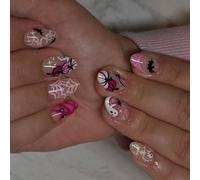 Uñas postizas ovaladas cortas con diseño de murciélago de calabaza de Halloween, cómodas uñas postizas de ABS para uso diario, manifestación vegetal, plan Webspinner