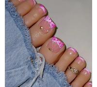 Uñas postizas para dedos de los pies con diseños de estrellas, perlas, brillo, para mujeres, fiesta, uso diario, diseños de estrellas de fácil aplicación, uñas postizas