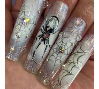 Uñas postizas plateadas brillantes de cara fantasma con diamantes de imitación y textura ABS para Halloween, fiestas, mujeres, Halloween, uñas postizas