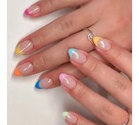 Uñas postizas postizas cortas de almendra francesa, cubiertas completas, diseños falsos de acrílico para mujeres y niñas, pegamentos acrílicos para mujeres y niñas, transparentes