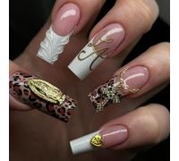 Uñas postizas redondas largas con estampado de leopardo uñas postizas 3D con cruz dorada kit de uñas postizas adhesivas 24 unidades