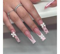 Uñas postizas redondas y largas con lazo 3D, uñas postizas Y2K con punta francesa y lengüetas adhesivas, 24 unidades