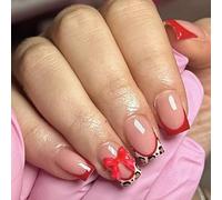 Uñas postizas rojas cortas cuadradas con estampado de leopardo, uñas postizas con diseño de leopardo, uñas acrílicas, brillantes, cobertura completa para mujeres, manicura, 24 unidades