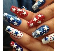 Uñas postizas tipo ataúd para decoración del Día de la Independencia, puntas francesas, pegamentos a presión