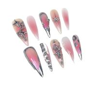 UñAs Postizas Uñas postizas largas hechas a mano con forma de stiletto, reutilizables, decoración mariposa y diamantes, cobertura total, for usar(XS-05)