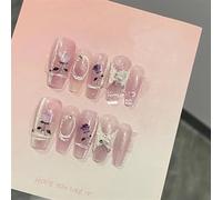 Uñas Postizas, Uñas Postizas, Uñas Artificiales, Cristal hecho a mano púrpura prensa en las uñas Rosa de ensueño puntas largas de ataúd diseños uñas postizas brillo uñas postizas cobertura completa ar