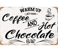 UNBARD Cartel de metal vintage con texto en inglés "Warm Up at The Coffee and Hot Chocolate", para decoración de pared en casa, tienda, cafetería, garaje, 8 x 12 pulgadas