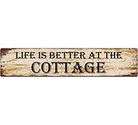 UNBARD Letrero de metal vintage con texto en inglés "Life is Better at The Cottage", placa de metal retro para bar, pub, decoración de pared, letrero de lata de 10 x 40 cm