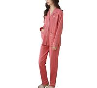 UNBIT Pijamas de 2 Piezas de Primavera y otoño Pijamas de algodón de Manga Larga Pijamas de Punto de la Chaqueta de Punto Pit-Stripe Homewear,Bean Red,3XL