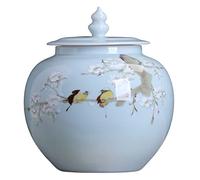 UNbit Tarros de cerámica, tarros de té, tarros de almacenamiento de estilo chino, tarro de jengibre de cerámica azul, tarros de té con tapa, tarros decorativos de porcelana con diseño de pájaro, tarro