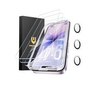 UNBREAKcable Paquete de 3 protectores de pantalla para iPhone 17 con protección de cámara, dureza 9H, claridad HD, antihuellas, compatible con fundas, 3 de vidrio templado + 3 protectores de lente de