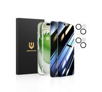 UNBREAKcable Protector de Pantalla Privado para iPhone 15 Plus (6,7 Pulgadas), Paquete de 2 + 2 Protectores de Lente｜Ángulo Anti-Espía de 25°｜Dureza 9H｜Antihuellas｜Vidrio Templado HD