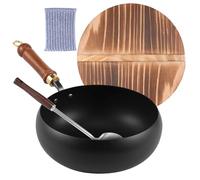 Uncoated Cast Iron Woks - 9.5 Inch Pan, Japanese Style Frying Pan with Wooden Lid & Spatula | Non-Stick Hand-Forged Cast Iron Cookware for Home, Restaurant, Gas & Induction Stoves, Camping & Kitchen