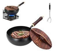Uncoated Iron Pan, Cast Iron Pan 9.45 Inch with Lid, Non-Stick Wok for Gas Stove, Stir Fry Pans with Spatula, No Coating, Durable Cookware for Kitchen Cooking (B-Smooth Finish)