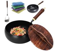 Uncoated Iron Pot,Thickened Hand Forged Non Stick Pan,Large Capacity Frying Pans with Lid and Shovel,Rust Free Flat Bottom Cooking Pot for on Induction Cookers Gas Stoves