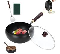 Uncoated Thick Iron Pot, 9.45/10/11 Inch Multifunctional Non-stick Pan with lid and Spatula, Hand-Forged Non-stick Pans Without Coating, Suitable for Induction Cooker, Gas Stove (Glass Lid,11.02in)