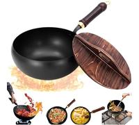 Uncoated Thick Iron Pot, Usceshonn Iron Pot, Hand-Forged Non-Stick Pan, Triple Stainless Steel, Large Capacity & Deep, Multi - Purpose for Baking, Cooking, Stewing (Wooden Lid,11.02In)