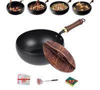 Uncoated Thick Iron Pot with Lid, 2025 New Suntuup Japanese Iron Pan, Hand-Forged Non-Stick Pans without Coating, Durable & Rust-Free, Suitable for Kitchen Cooking and Frying (With Wooden Lid,Medium)