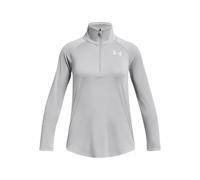Under Armour Tech Graphic 1/2 Zip Camiseta de manga larga para niña de corte suelto, camiseta con cremallera media para entrenar o jugar al fútbol, color gris claro jaspeado/plateado metálico