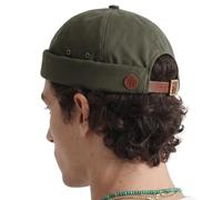 UNDERCONTROL - Gorro de Pescador Marinero sin Visera Estilo Vintage con puños enrollados y Correa de Cuero Estilo Docker con Calavera Miki para Hombre y Mujer Fabricado en Corea (Oliva)