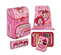 Undercover Juego de mochilas escolares de 5 piezas, para niñas de 1ª clase, con contenido personalizado, estuche escolar, diseño de Scooli, Minnie Mouse (Flores Rosas), Juego de mochila escolar