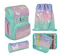 Undercover Juego de mochilas escolares de 5 piezas, para niñas de 1ª clase, con contenido personalizado, estuche escolar, diseño de Scooli, Juego de mochila escolar Butterfly Wishes Turquesa