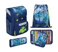 Undercover Juego de mochilas escolares de 5 piezas, para niñas de 1ª clase, con contenido personalizado, estuche escolar, diseño de Scooli, Jurassic World (Azul/Verde), Juego de mochila escolar