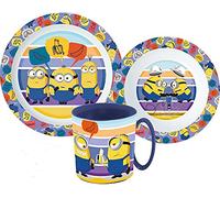 Une Juego de vajilla infantil con plato, cuenco para cereales y vaso, incluye cubiertos (reutilizables) compatible con (Minions)