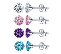 Unendlich U-Pendientes de plata esterlina 925 para mujeres niñas, aretes de cuatro garras de moda con circonita cúbica colorida, 4 pares