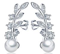 Unendlich U Pendientes Trepadores de Plata 925 Forma de Hoja Brillante con 6 mm Perla Studs para Mujeres Niñas Chicas